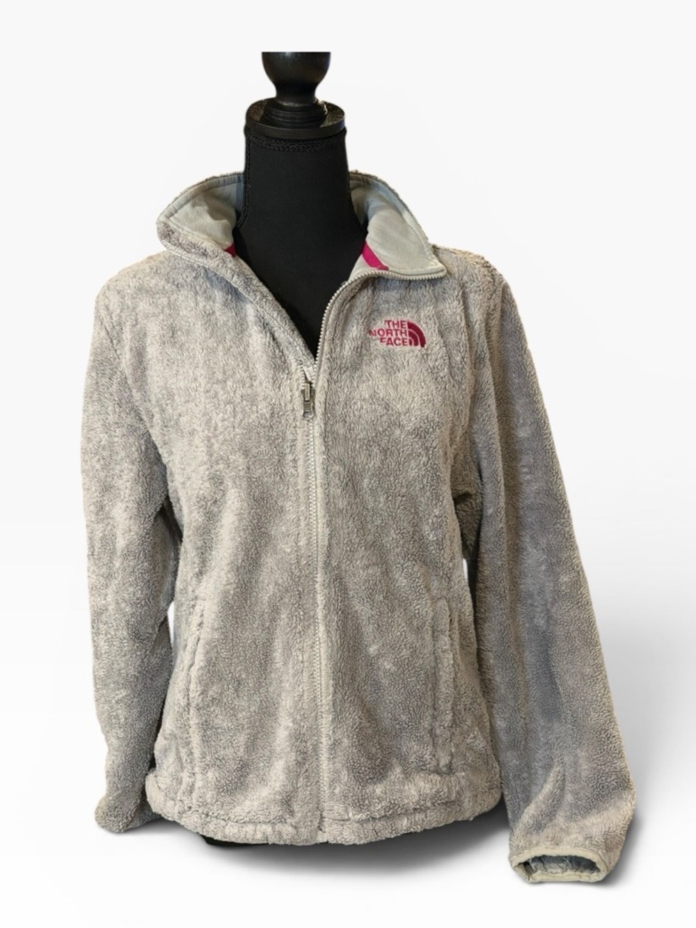 The North Face Women's Gray Teddy Fleece Jacket Large Pink Logo